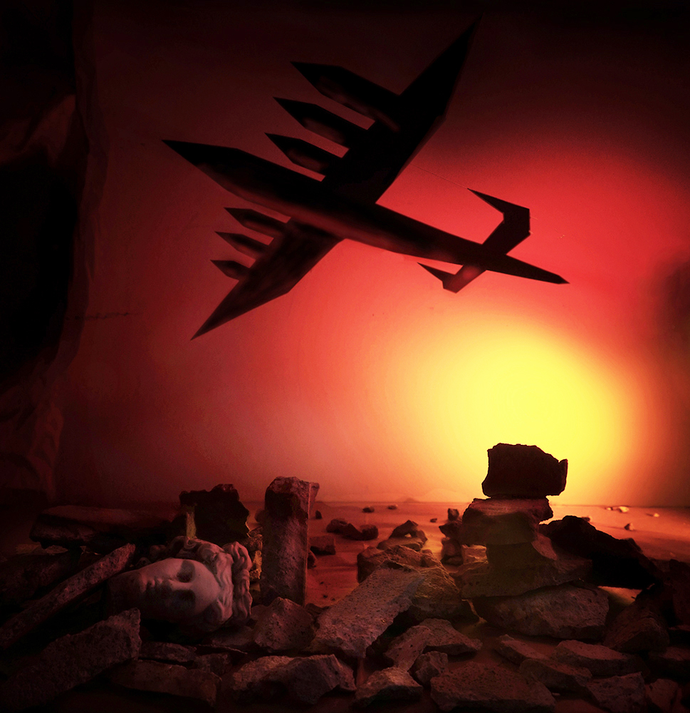 Surrealism, dream, nightmare, war plane, bomber, Gaza, death, ruins, head, fear, terror, bombing, bombardment, destruction, sculpture, Apollo